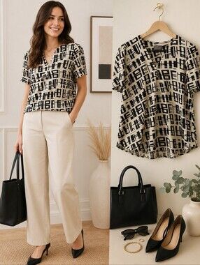 Culture 100% LENZING™ ECOVERO™ Viscose Geometric Blouse Size M | Cream Black Top